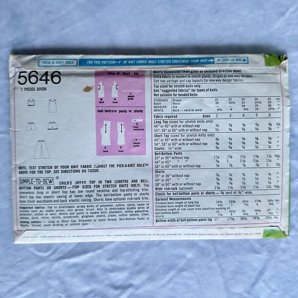 Vintage 70s Simplicity EASY Sewing Pattern 5646 Kids Top Bell Bottom Pant Shorts - Picture 2 of 2